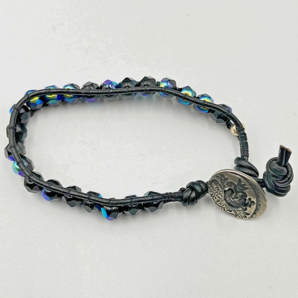 Vintage Chic Iridescent Aurora Borealis Faceted Black Leather Wrap Bracelet Boho